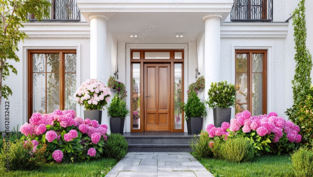 Fototapeta premium Elegant home entrance Wooden door with white pillars, flanked by bright pink hydrangeas and lush greenery, creating a welcoming and serene scene