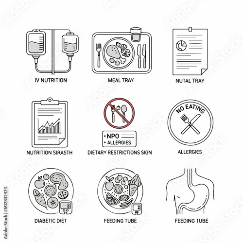 A set of nine line art icons illustrating medical nutrition, including IV drips, hospital meal trays, dietary restriction signs, and feeding tubes.