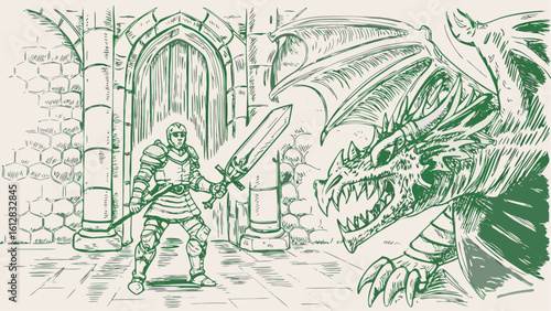 A knight in armor faces a large dragon in a stone hall with a sword ready for battle bravely