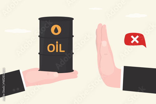 Seller give barrels of oil. Hand of businessman shows gesture - stop. Economic and trade wars. Ban on import oil, gas. Sanctions or restrictions. Commodities market crisis.