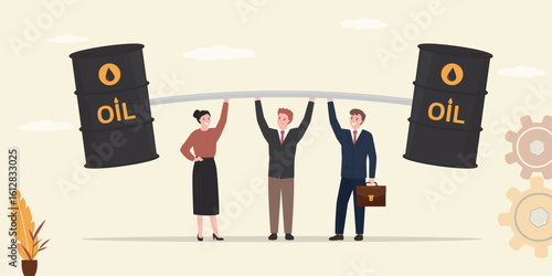 Trading on commodities market. Confident business people lift barbell with oil barrels. Success and profit from trading oil and fuel. A group of traders.