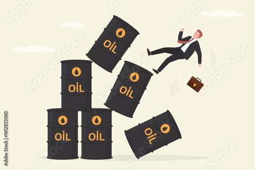 Sale of petroleum products and fuels. Businessman falling from oil barrels. Customer lose money from fuel costs. Trader with money losses. Commodities market. poor risk management