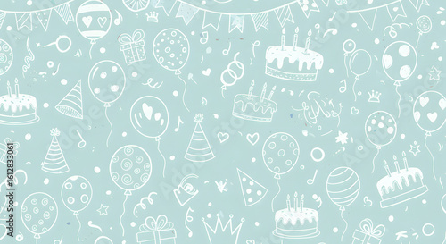 Happy Birthday Pastel Doodle Pattern: Festive Balloons, Cakes, and Party Hats Background Illustration