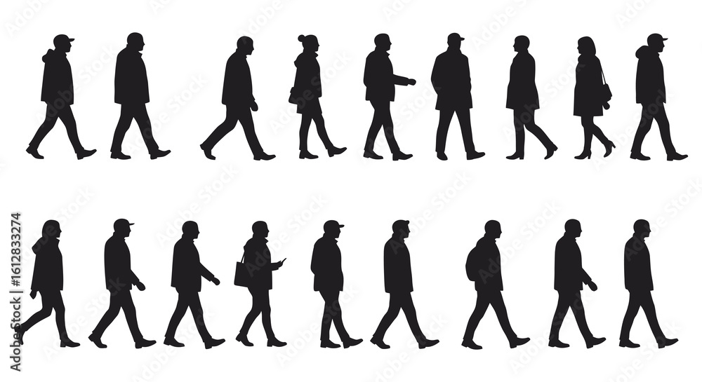 Fototapeta premium Silhouettes of diverse people walking in a row on white