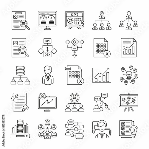 A collection of line art icons representing business analytics, human resources, project management, and data visualization concepts.