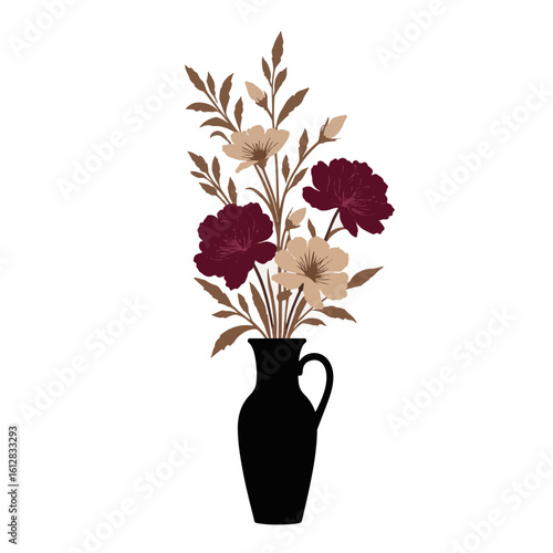 Elegant vase silhouette with burgundy flowers on white background, artful decor