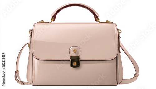 Glossy bag with gold hardware, a top handle, and a shoulder strap. Reflective surface, light pink hue, with a classic, structured shape