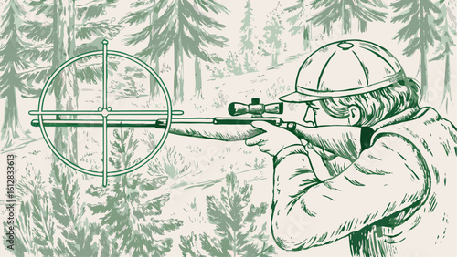 Hunter aiming rifle with scope in forest scene with crosshairs in the foreground for target practice