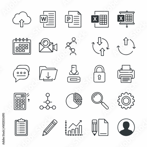 A comprehensive set of modern line icons for business, office, and digital technology applications.