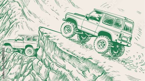 Two off road vehicles navigating a rugged mountain terrain with steep cliffs and challenging landscapes