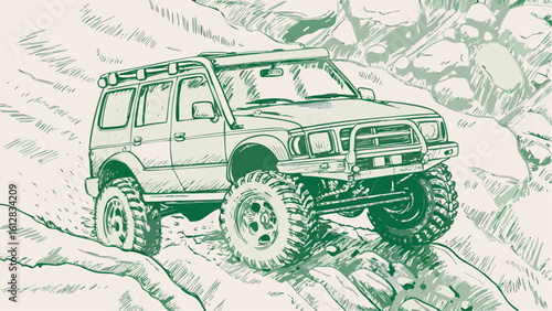 Off road vehicle climbing a rocky terrain in a monochromatic green illustration style landscape view