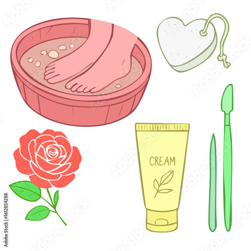 A set of illustrations for a relaxing spa pedicure and foot care- foot bath, pumice stone, exfoliating cream, pedicure.