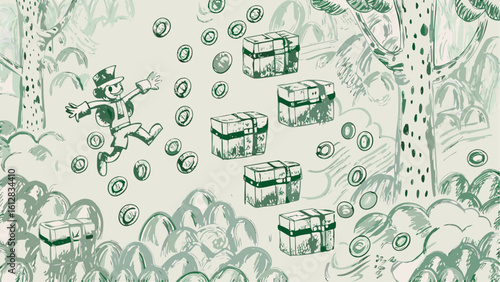 Cartoon character jumps among treasure chests and coins in a forest landscape illustration style