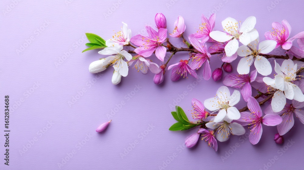 Fototapeta premium Delicate spring blossoms arranged on a pastel background.