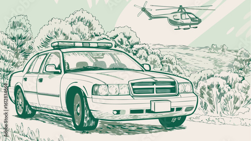 Illustration of a police car with light bar and helicopter flying above landscape with trees and hills