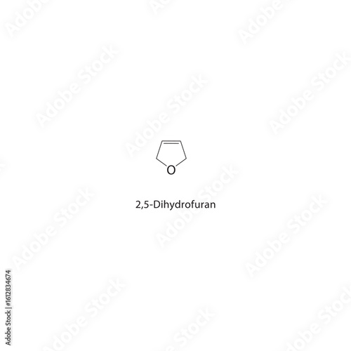 2,5-Dihydrofuran skeletal structure. Dihydrofuran compound schematic illustration. Simple diagram, chemical formula.
