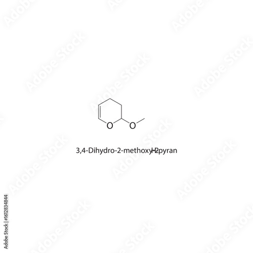 3,4-Dihydro-2-methoxy-2H-pyran skeletal structure. Methoxypyran compound schematic illustration. Simple diagram, chemical formula.