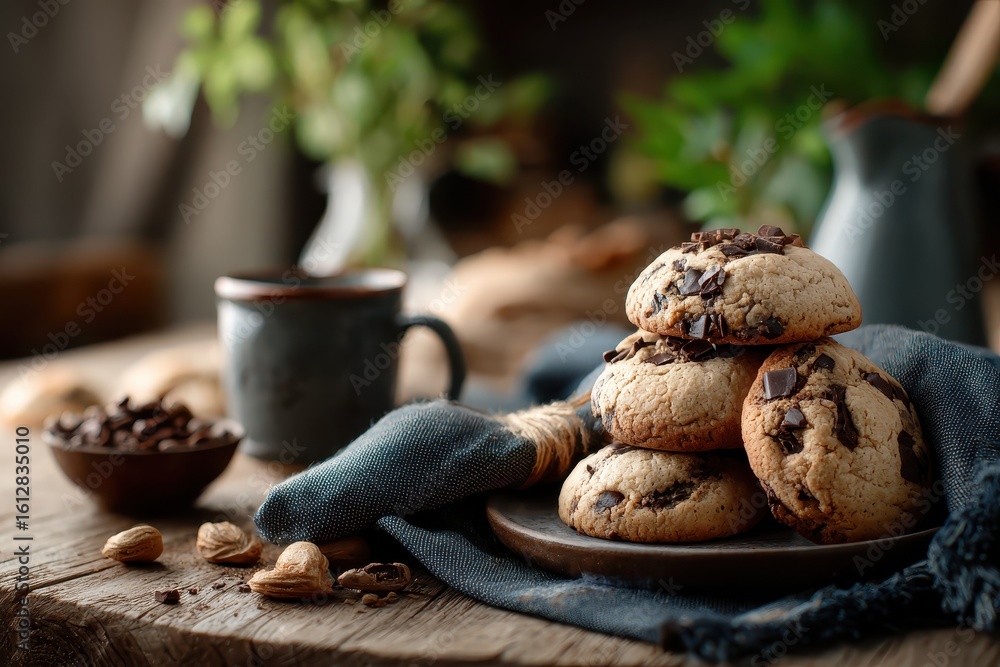Fototapeta premium Enjoying homemade cookies with rich chocolate chips on a rustic wooden table surrounded by fresh greenery and a cozy coffee cup in the soft afternoon light