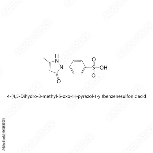 4-(4,5-Dihydro-3-methyl-5-oxo-1H-pyrazol-1-yl)-benzenesulfonic acid skeletal structure. Pyrazole Sulfonic compound schematic illustration. Simple diagram, chemical formula.
