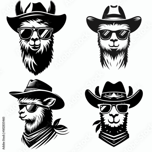 alpaca Wear cowboy and sunglass. Cartoon Minimal Clipart Silhouette Vector Illustration Line Art Illustration. Camelid attire western garment eye protection visor fashion.