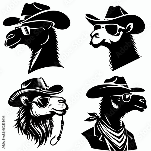 camel Wear cowboy and sunglass. Cartoon Minimal Clipart Silhouette Vector Illustration Line Art Illustration. Desert animal in western attire with eye protection sun specs for a nomad.