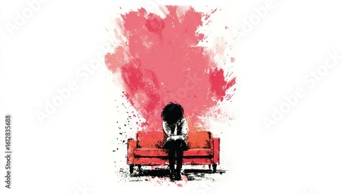 Girl sits on red couch under a large red splatter