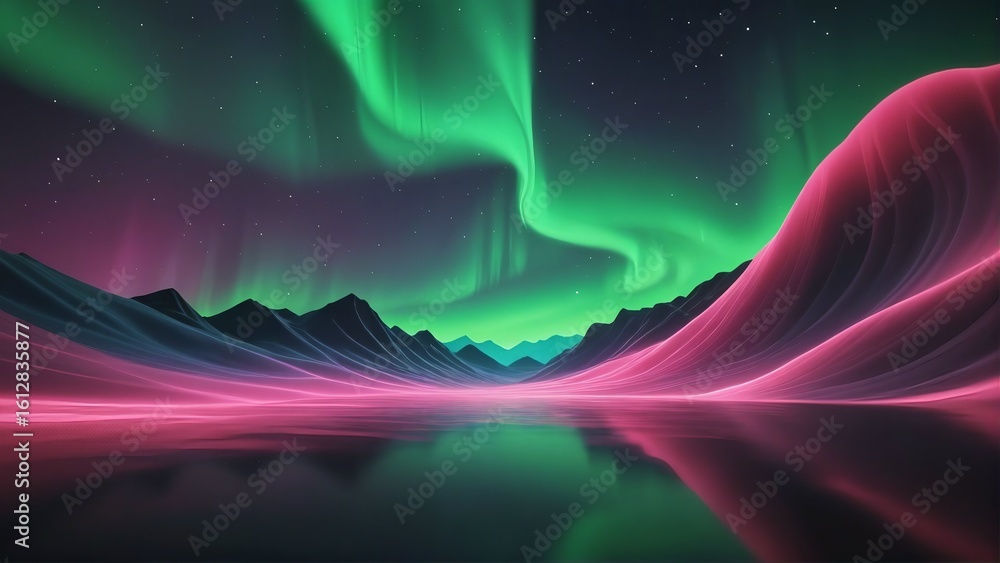 Fototapeta premium Vibrant green and pink aurora borealis dancing across a starry night sky above a serene reflective lake and mountains