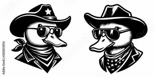 duckling Wear cowboy and sunglass. Cartoon Minimal Clipart Silhouette Vector Illustration Line Art Illustration. Baby chick donning western gear shaded eyewear - cute little animal apparel.