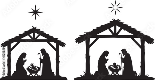 Nativity scene silhouette with star of bethlehem silhouette