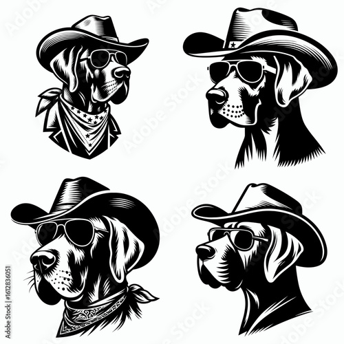 great dane Wear cowboy and sunglass. Cartoon Minimal Clipart Silhouette Vector Illustration Line Art Illustration. Large dog in western gear with eye protection a comical canine look.