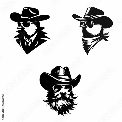 great tit Wear cowboy and sunglass. Cartoon Minimal Clipart Silhouette Vector Illustration Line Art Illustration. Small bird in costume a wears western hat eye protection.