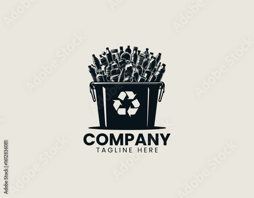 Overflowing black recycling bin filled with various plastic bottles and containers. Environmental concept