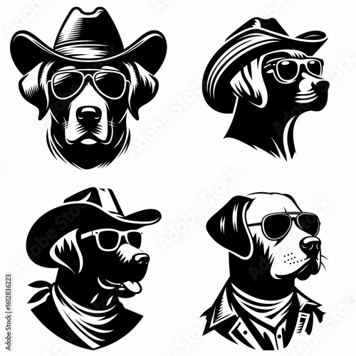 labrador Wear cowboy and sunglass. Cartoon Minimal Clipart Silhouette Vector Illustration Line Art Illustration. Canine donning western hat eye protection dog accessorized for sun.