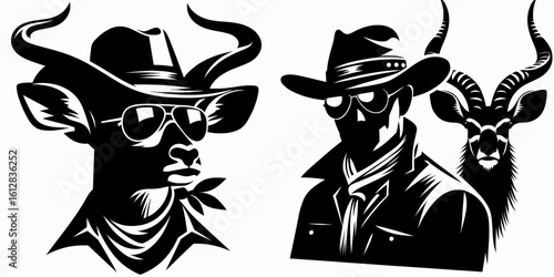 kudu Wear cowboy and sunglass. Cartoon Minimal Clipart Silhouette Vector Illustration Line Art Illustration. African antelope garment rancher headgear plus sun spectacles.