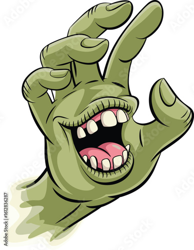 Funny zombie hand with mouth and tongue, cartoon monster illustration, creepy undead arm art, weird horror design, Halloween clipart