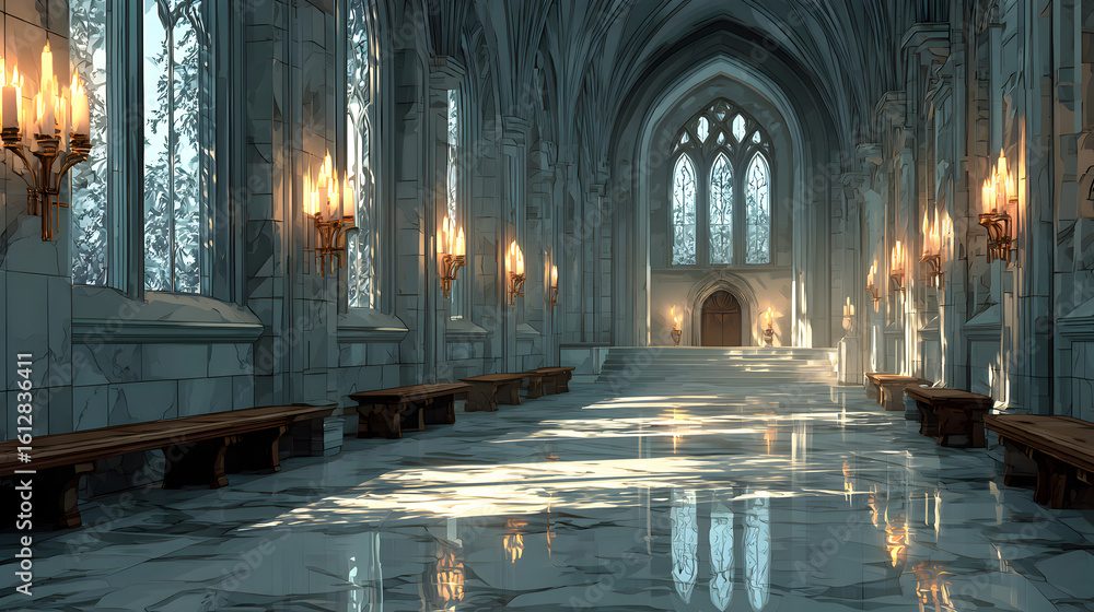 Fototapeta premium Elegant Marble Hallway in Ancient Palace with Hidden Door – Magical Castle Background Scene for Game Level or Animation Design