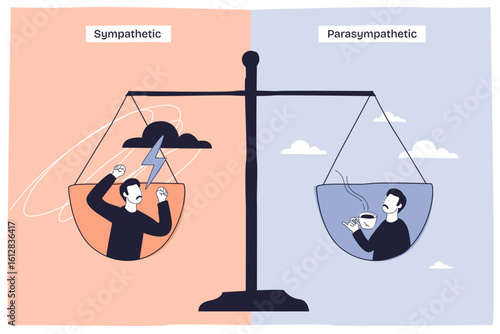 Sympathetic vs Parasympathetic balance shows stressed man, relaxed man, and scales illustrating nervous system responses. Doodle style diagram