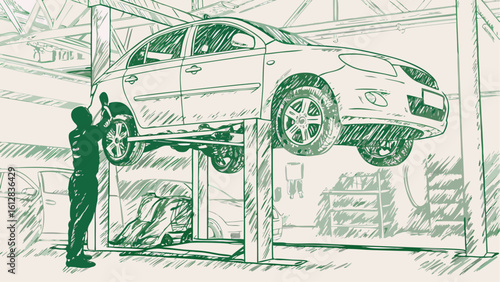 Illustration of a car lifted on a hydraulic lift with a mechanic working on it in a garage setting