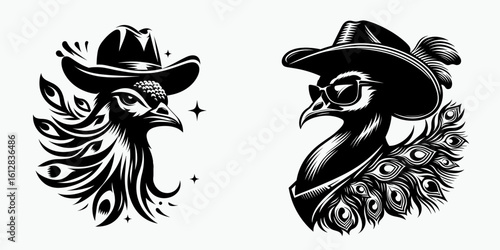 peacock Wear cowboy and sunglass. Cartoon Minimal Clipart Silhouette Vector Illustration Line Art Illustration. Fancy fowl outfit rancher attire plus tinted eyewear for a bird.