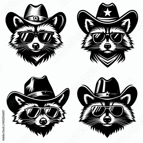 raccoon Wear cowboy and sunglass. Cartoon Minimal Clipart Silhouette Vector Illustration Line Art Illustration. Animal in western attire with shade cute creature look.