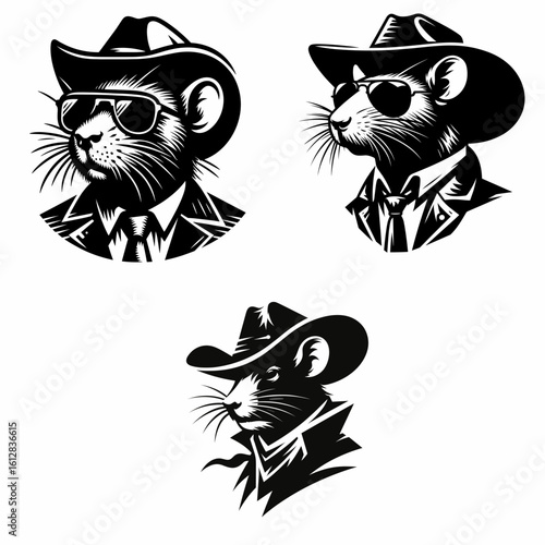 rat Wear cowboy and sunglass. Cartoon Minimal Clipart Silhouette Vector Illustration Line Art Illustration. Tiny animal attire western gear plus shaded eye protection for rodent.