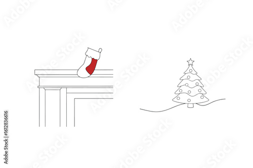 Festive stocking on mantelpiece beside decorated Christmas tree