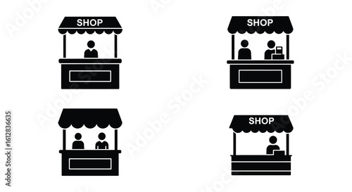 Shop Stall Icon Set Black and White Simple Illustration