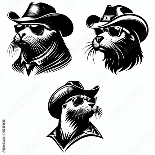 sea lion Wear cowboy and sunglass. Cartoon Minimal Clipart Silhouette Vector Illustration Line Art Illustration. Aquatic mammal in western attire with eyewear protection from sunlight.