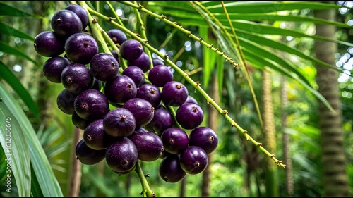 Cluster of acai fruit and leaves are being tossed by breeze