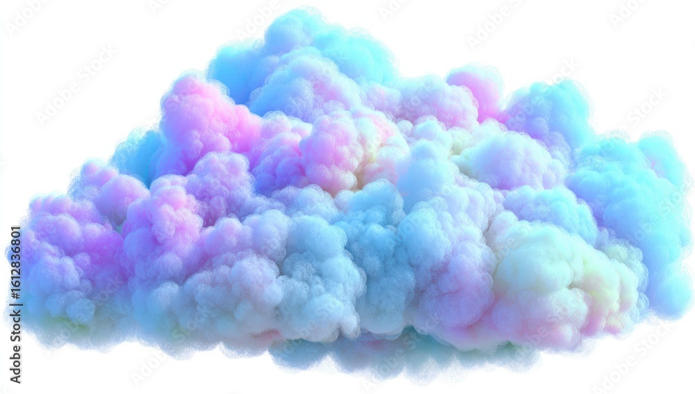 Fototapeta premium A fluffy, abstract cloud formation with pastel hues. Light blue, pink, purple, and white blend together, creating a soft, ethereal appearance. Isolated on white