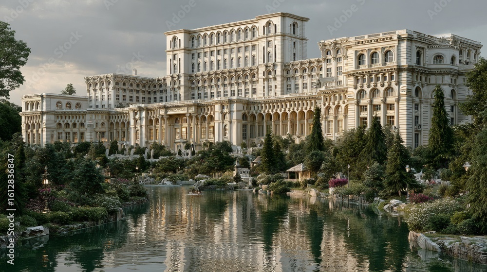 Fototapeta premium Grand Historic Palace with Ornate Architecture Surrounded by Gardens and Water Reflection