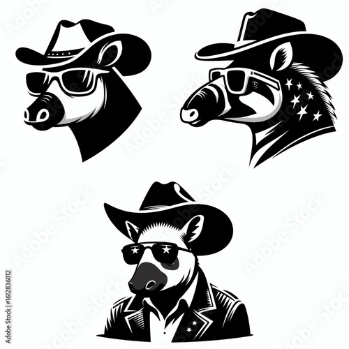 tapir Wear cowboy and sunglass. Cartoon Minimal Clipart Silhouette Vector Illustration Line Art Illustration. with western hat sun spectacle animal in outdoor garment.