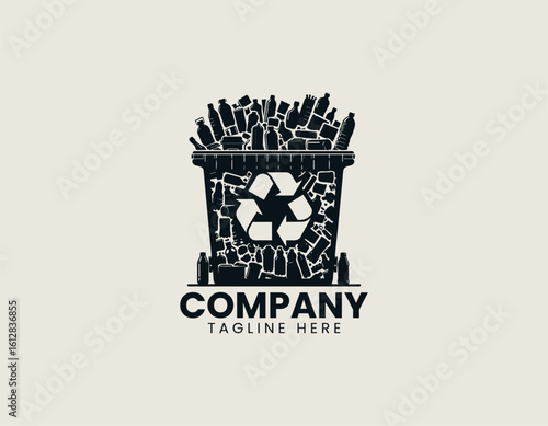 Overflowing black recycling bin filled with various plastic bottles and containers. Environmental concept