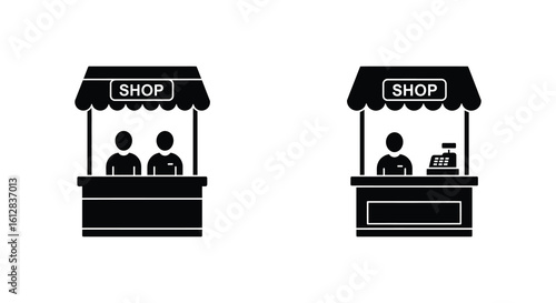 Black Silhouette of Two Shops with People Inside Isolated